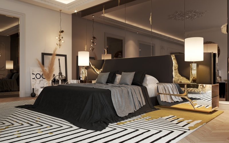 california home- cozy bedroom, black bed with gold detailing, black bedside table with gold detailing, large mirror, gold lamp sus