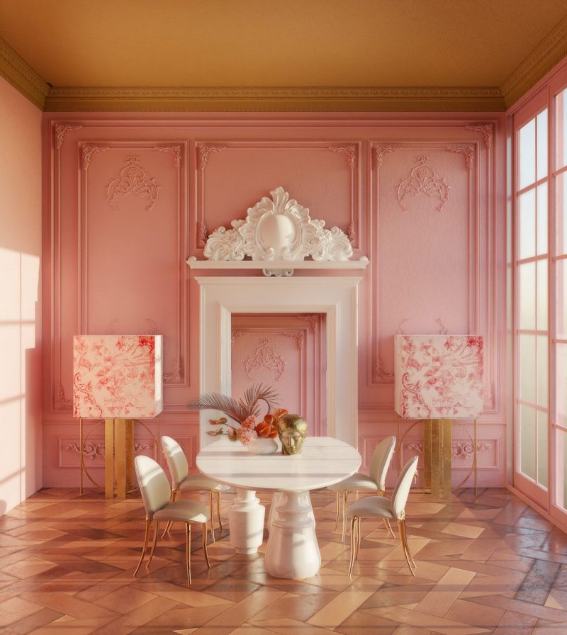  maximalism - pink living room with two pink cabinets, a white dining table and 4 white chairs with gold accents