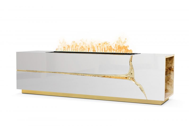 california home- white and gold fireplace