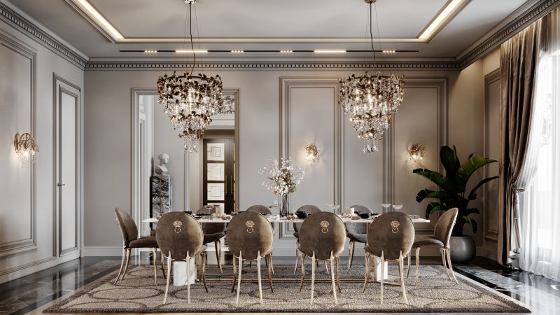 Dining Chairs- crystal lamps, dining table, statue, brown and gold dining chair, green plant, flower arrangement, contemporary atmosphere, brown carpet