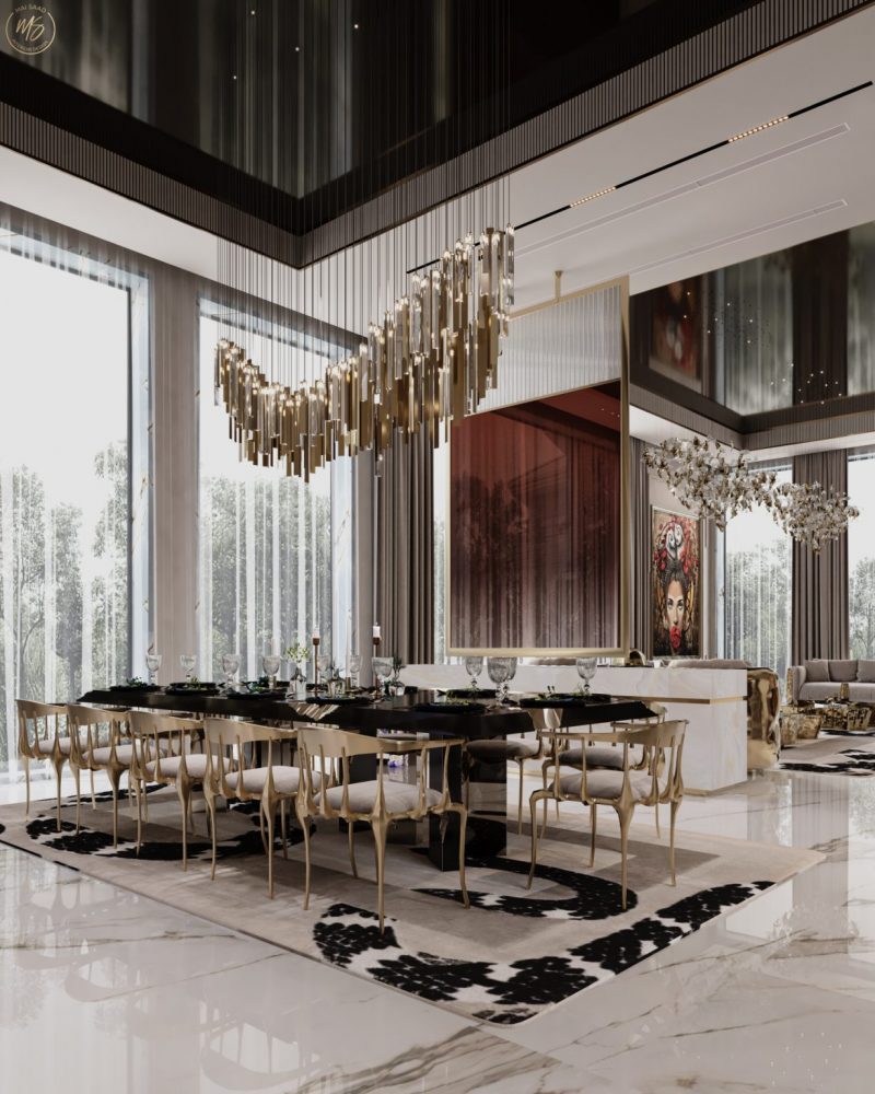 dining chairs- contemporary environment, golden chairs, golden lamp, white and gold sofa, luxury decoration, high ceilings, dining room, n11