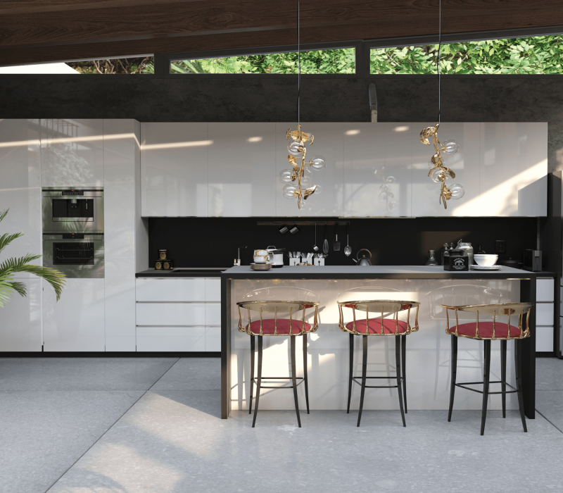 dining chairs- minimalist kitchen with island with gold and red bar chairs