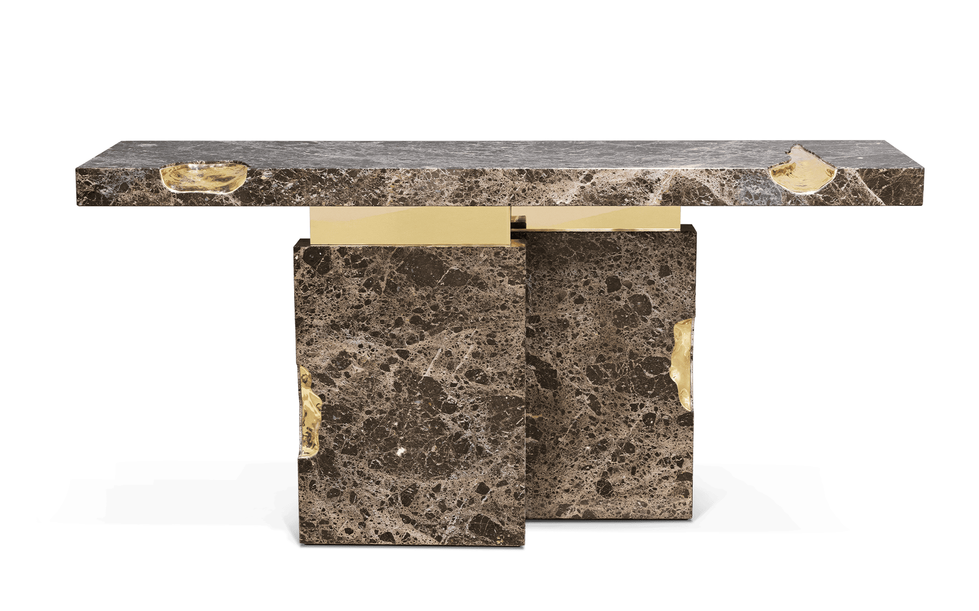 The Empire Console boasts a striking design with elegant lines and sophisticated finishes that enhance its luxurious appearance.