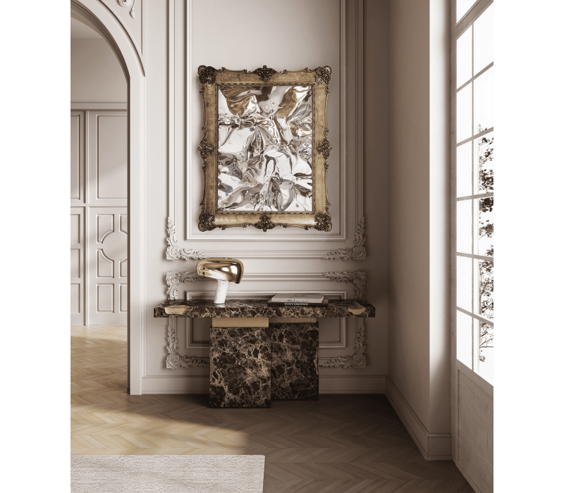 The Empire Console boasts a striking design with elegant lines and sophisticated finishes that enhance its luxurious appearance. and a white wall and a mirror