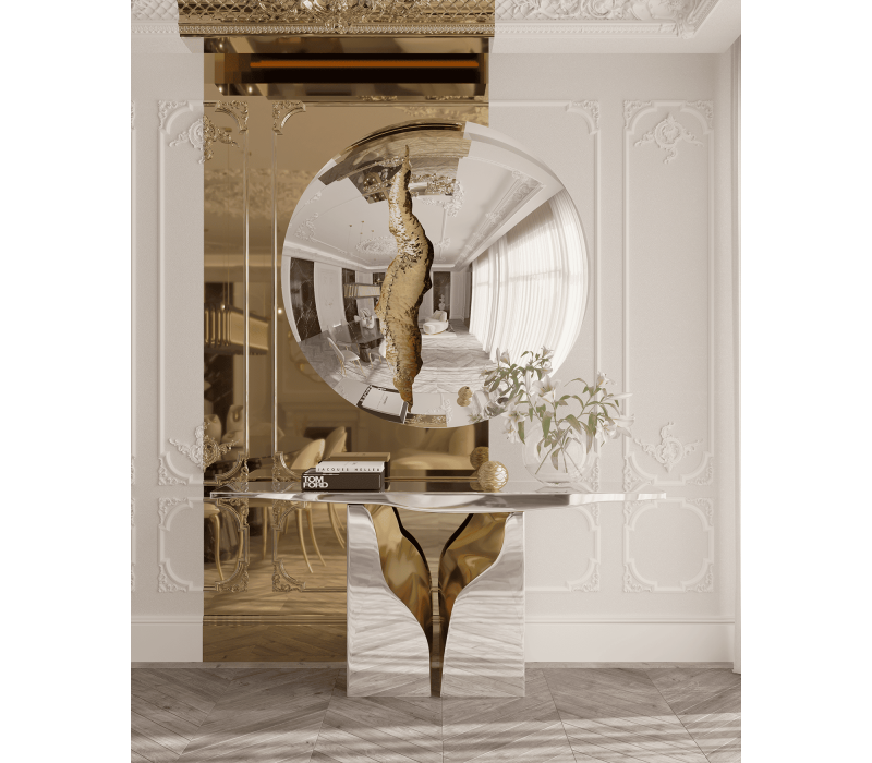 The Lapiaz Console is characterised by its textured details and luxurious finishes, which create a sophisticated and sculptural contrast. white wall and a mirror