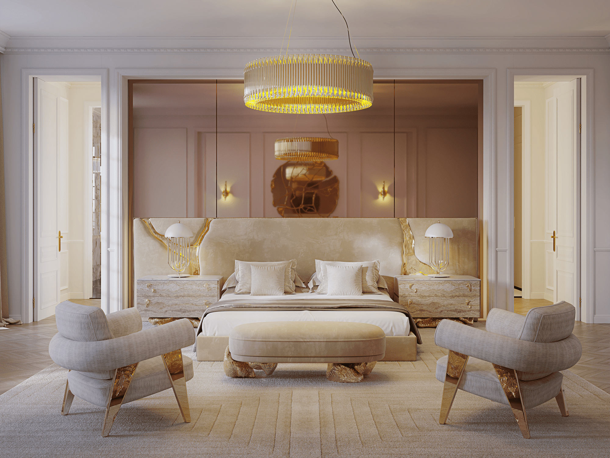 this is a pink and white bedroom with two beige ethereal exceptional armchairs and a beige and gilded bed