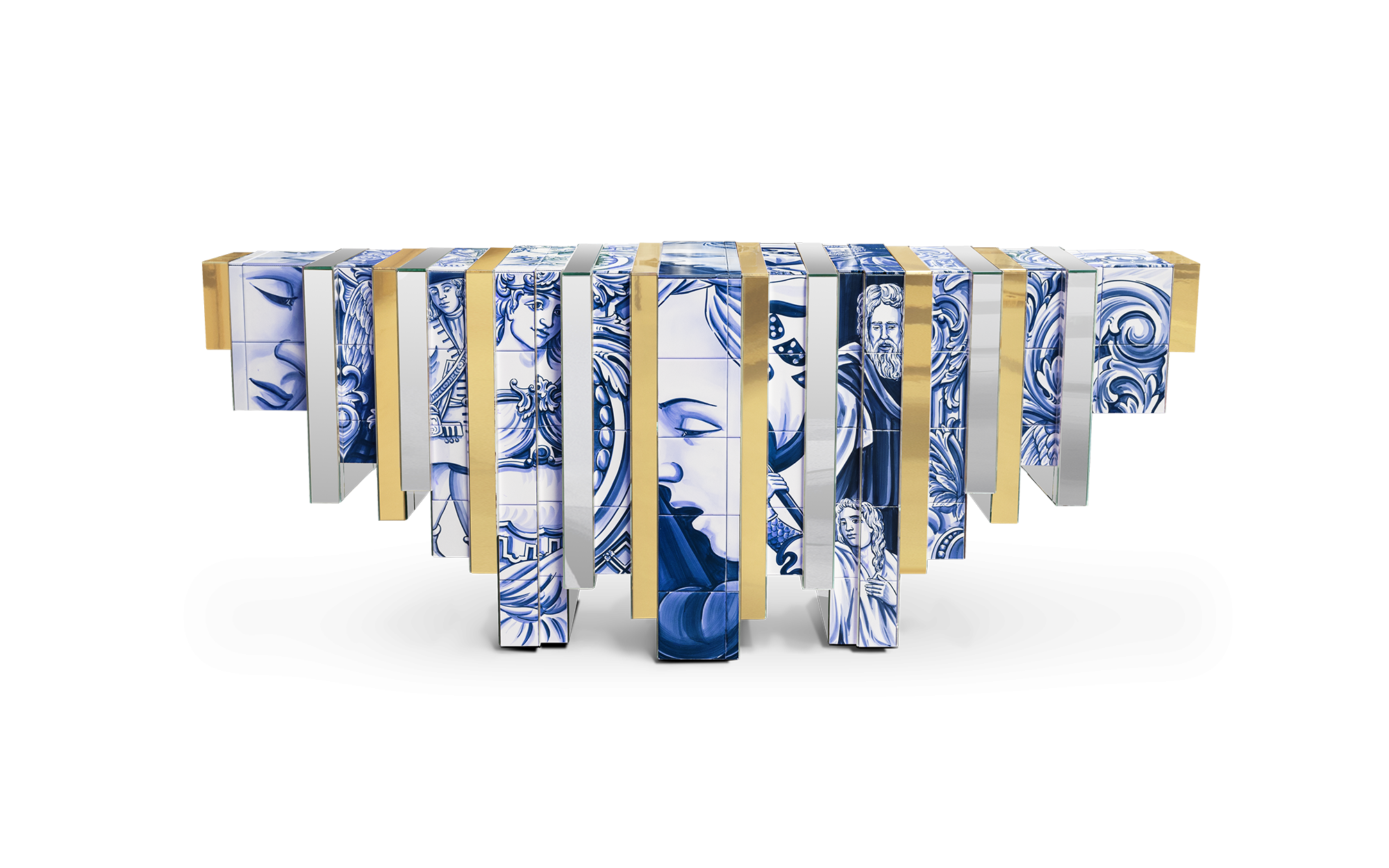 The Heritage Console stands out for its designs inspired by Portuguese azulejos and its handcrafted details, which lend character and elegance to the room.