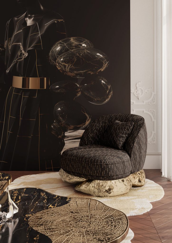 this is an black angra armchair with an black paint in the background