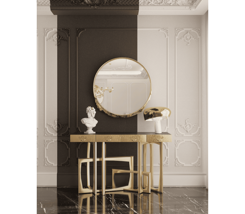 The Metropolis Console features an elegant structure with modern geometric lines and refined finishes that highlight its contemporary design. with a mirror